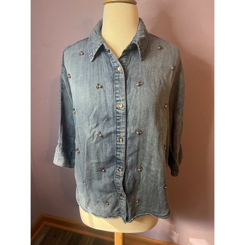 Democracy Chambray Beaded 3/4 Sleeve Button Up Top Shirt Blouse Size Small